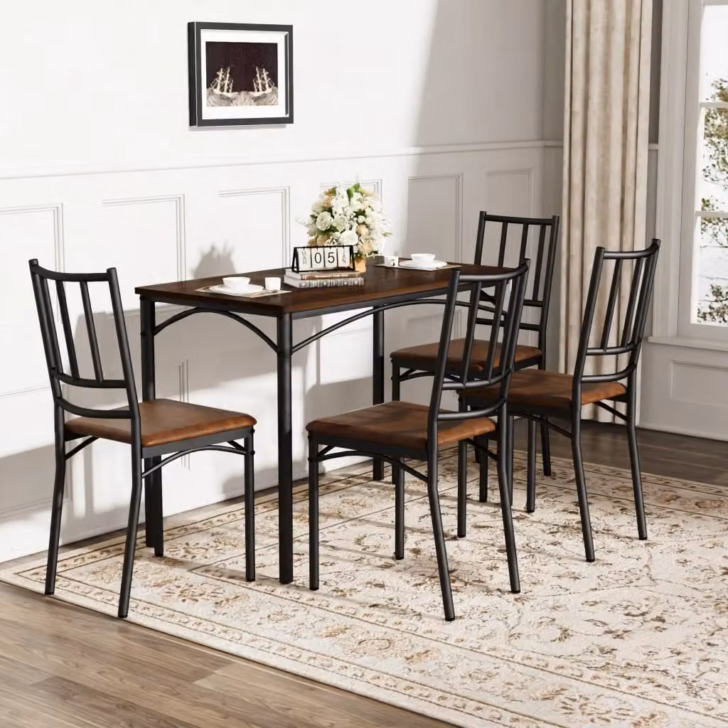 Set da pranzo OKWISH in stile industriale con tavolo rettangolare e 4 sedie, colore marrone, L: 110 cm, P: 60 cm, H: 76,5 cm – 2