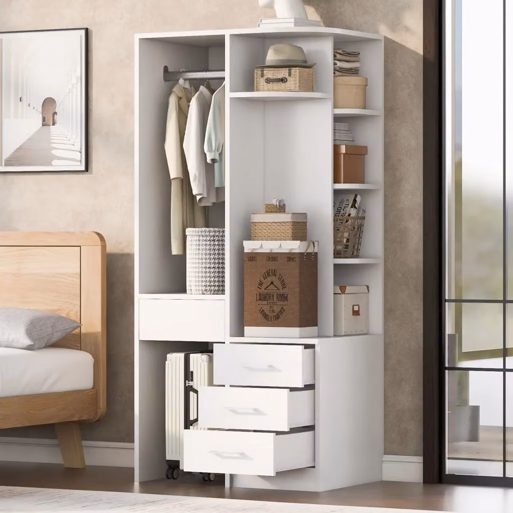 Armadio Chicfurn bianco con 1 anta, cassetti, ripiani aperti e barra appendiabiti in MDF per camera da letto o ufficio, L: 70 cm, P: 55 cm, H: 175 cm – 2