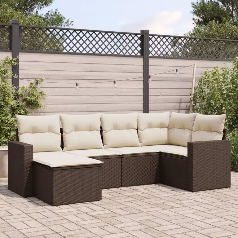 Set Divano da Giardino vidaXL 6 pz in Polyrattan Marrone e Bianco con Cuscini Imbottiti e Coperture Rimovibili