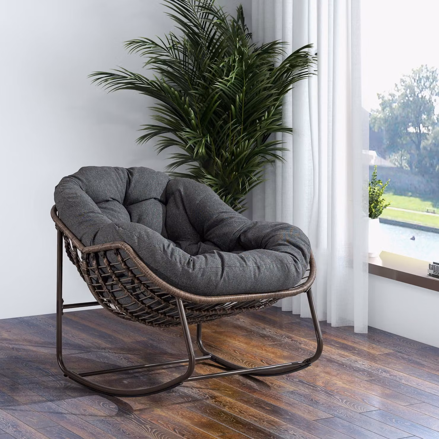 Poltrona a uovo dondolante con cuscino imbottito in rattan e metallo per interni ed esterni, Grigio scuro, L: 111 cm, P: 94,5 cm, H: 80 cm – 2