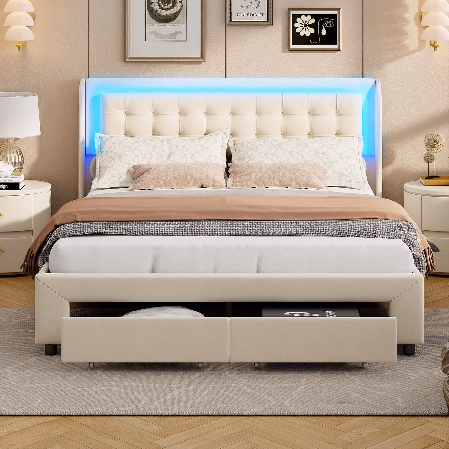 Letto imbottito Fortuna Lai 140x190 cm, idraulico, letto contenitore in velluto, con testiera e rete a doghe, beige