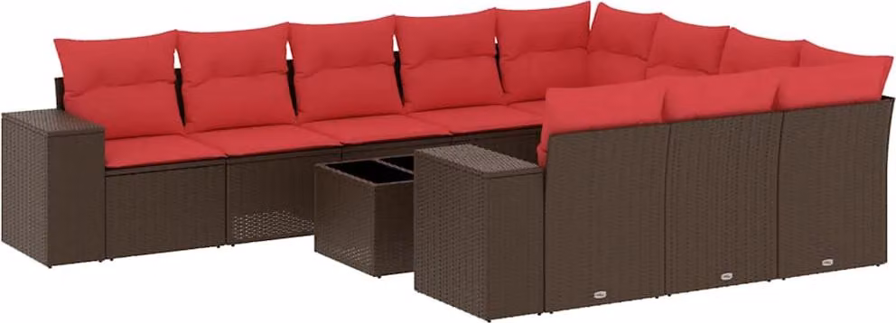 Set Divani da Giardino 11 pz con Cuscini Marrone in Polyrattan