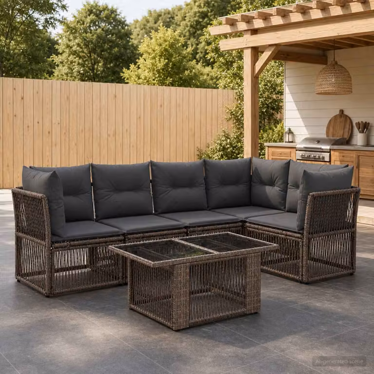 Set Divano da Giardino vidaXL 6 pz in Polyrattan Grigio con Tavolino e Cuscini Imbottiti