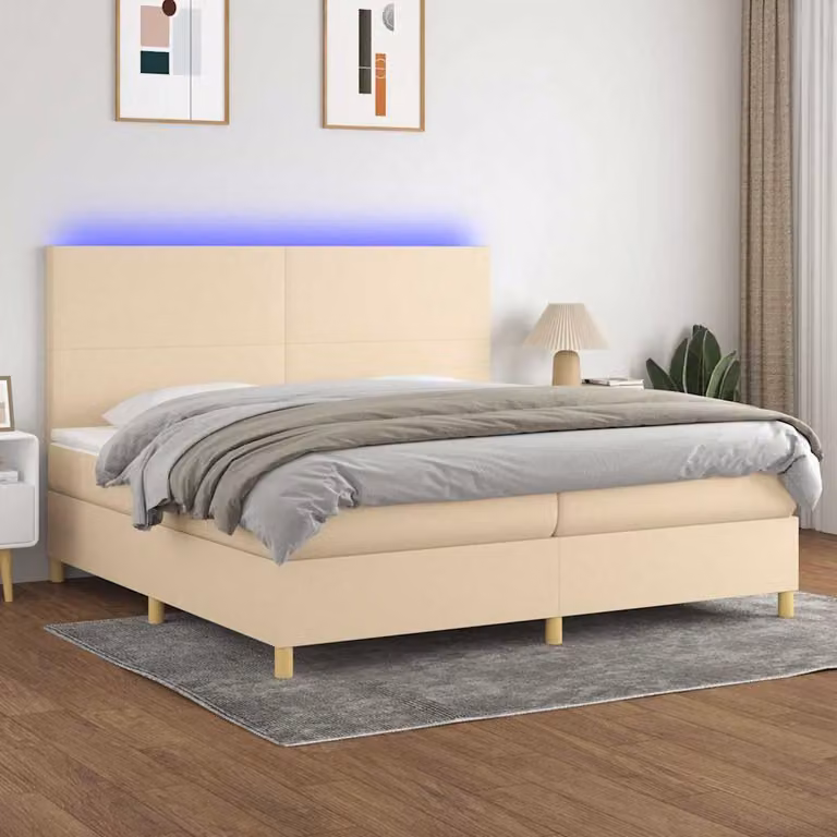 Letto Ibrido con Materasso e Illuminazione LED vidaXL in Tessuto Bianco e Beige L: 200 cm, P: 200 cm, H: 128 cm