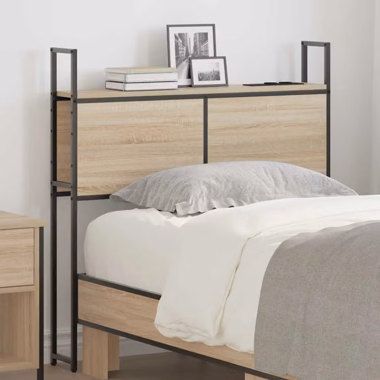 Testiera per letto vidaXL con stazione di ricarica USB e ripiano integrato in rovere sonoma e marrone