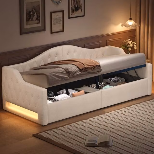 Letto divano singolo OKWISH con contenitore e luci LED, imbottito in tessuto beige, L/P/H: 200 x 90 x 69 cm