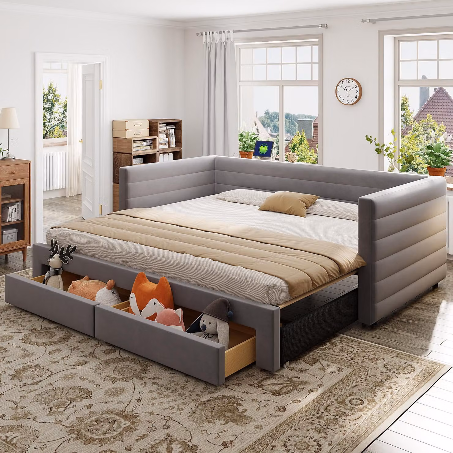 Divano letto Flieks Letto imbottito 90x190cm con letto estraibile, daybed Daybed con 2 cassetti, divano letto Letto singolo con rete a doghe, tessuto velour, grigio