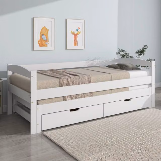 Letto estraibile 200×90 cm e 190×90 cm con 2 cassetti su ruote, senza materasso, in pino e MDF bianco