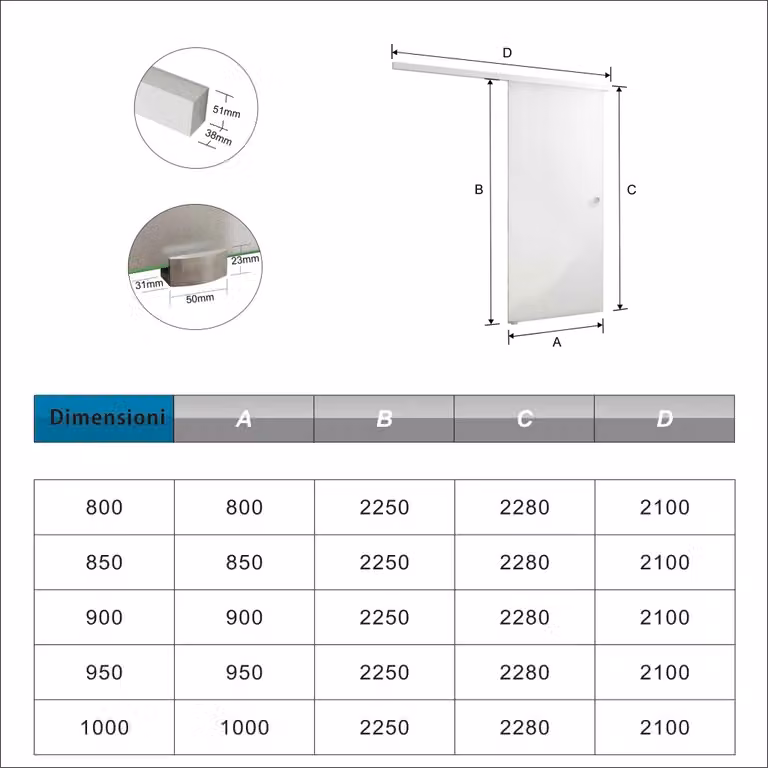 Porta Scorrevole in Vetro Temperato Opaco Aica Italy con Binario in Alluminio Bianco L: 80 cm, H: 225 cm