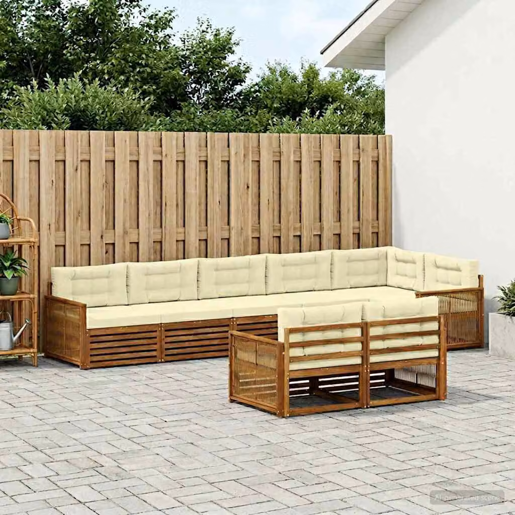 vidaXL Set di divani da esterno a L in legno di acacia con cuscini, Naturale e Crema