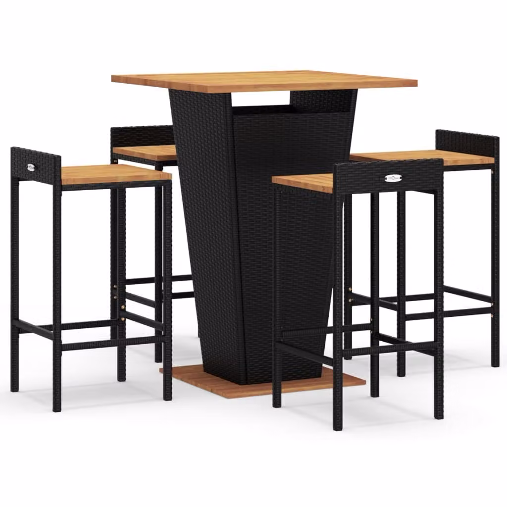 Set Bar Giardino 5 pz Nero Polyrattan e Legno Massello Acacia