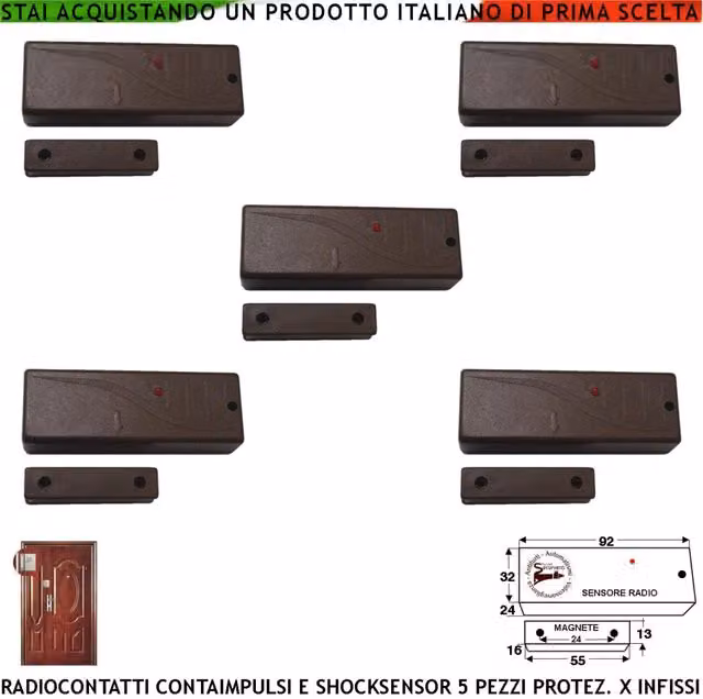 Set di 5 sensori per porte e finestre Securvera con contatto magnetico radio, sismico regolabile e rilevamento scasso o trapano, colore marrone