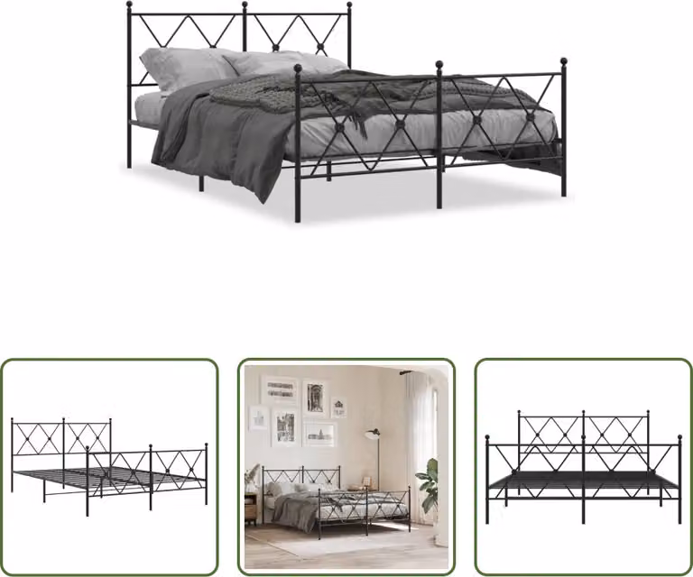 The Living Store Struttura letto con testiera e pediera in metallo nero 137x190 cm