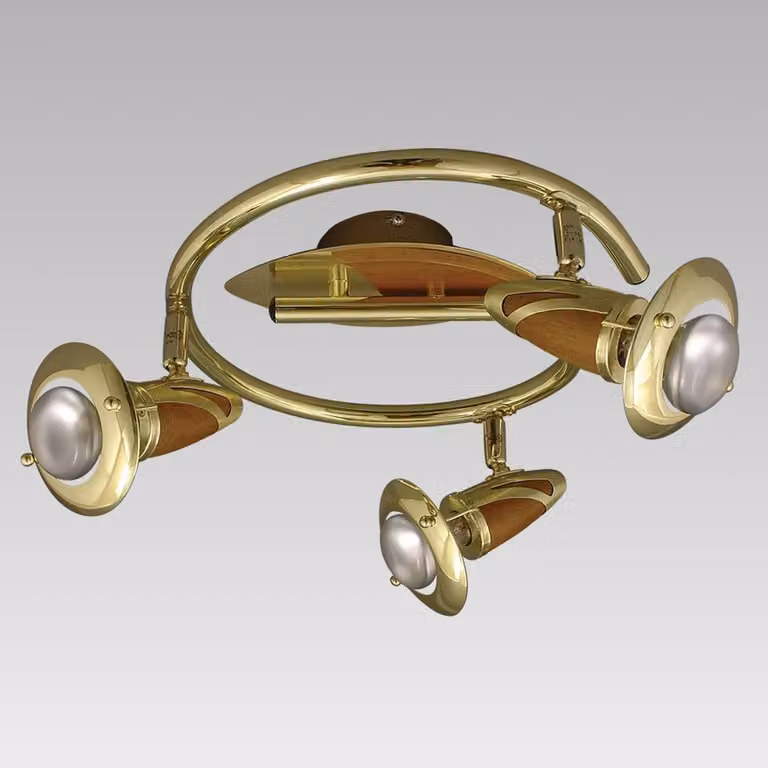 Plafoniera ZEUS 3xE14/R50/40W, ottone satinato/legno scuro L: 300, H: 137, attacco E14/R50, dimmerabile