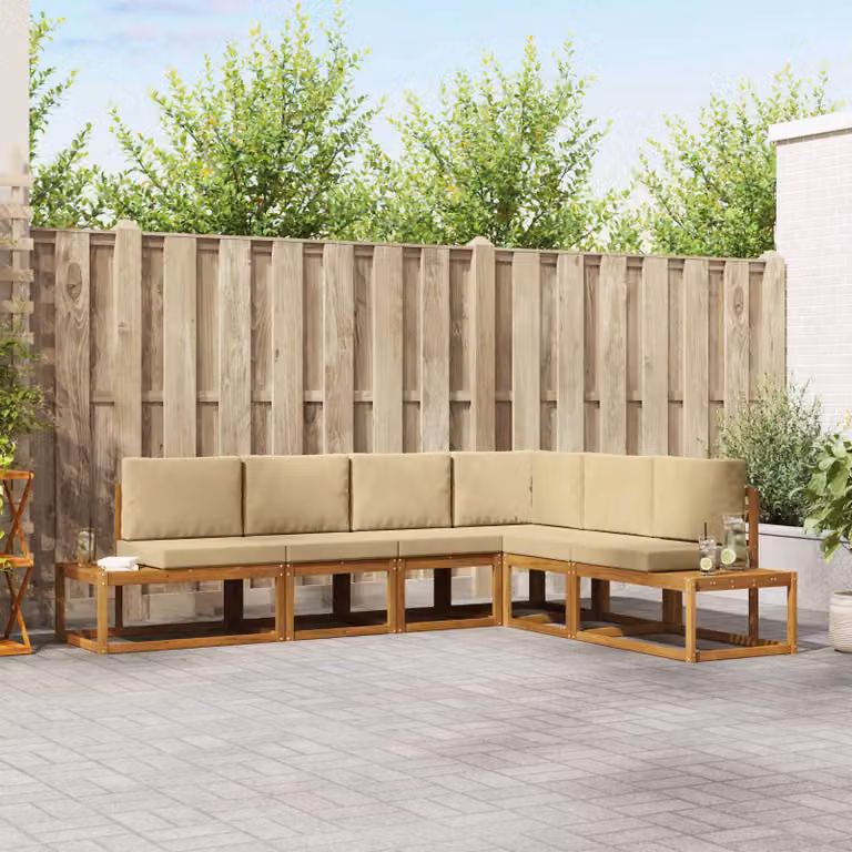 Set di divani da esterno a L vidaXL in legno di acacia con cuscini, Beige e Marrone