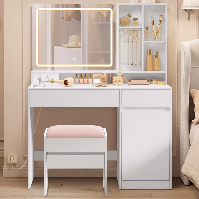 Tavolino da trucco VASAGLE, completo di sgabello, con specchio, larghezza 110 cm
