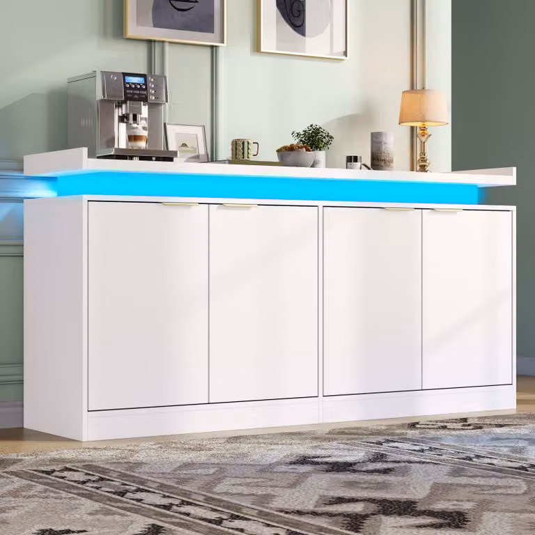 Mobiletto laterale Merax, pensile da cucina con 4 ante, cassettiera con illuminazione LED, credenza con vani aperti, mobile per soggiorno RGB, MDF, bianco