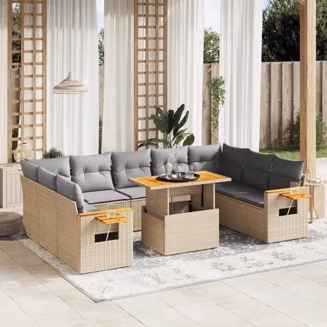 Set di divani da giardino VIDAXL in polyrattan con cuscini beige, composizione a L da 11 pezzi