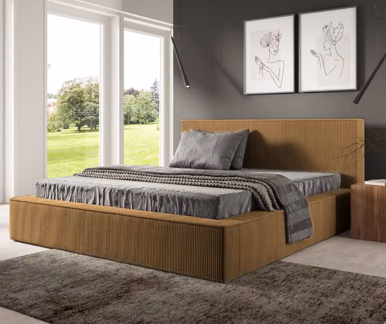 GUTTO Letto imbottito FILO colore senape 140x200 in tessuto corda con rete a doghe in metallo Design moderno in colori di tendenza, con vano contenitore