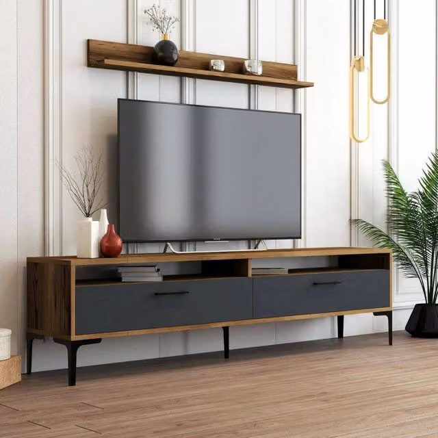 Parete attrezzata Oho DMORA per soggiorno, mobile salotto moderno con armadio porta TV, L: 180 cm, H: 35 cm, P: 47 cm, Noce e Antracite