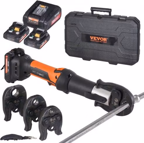 VEVOR Kit di Utensili Elettrici per Crimpatura Tubi con 2 Batterie 18 V 2,0 Ah, Caricabatterie Rapido, Ganasce M15, M22, M28 e Custodia, Arancione