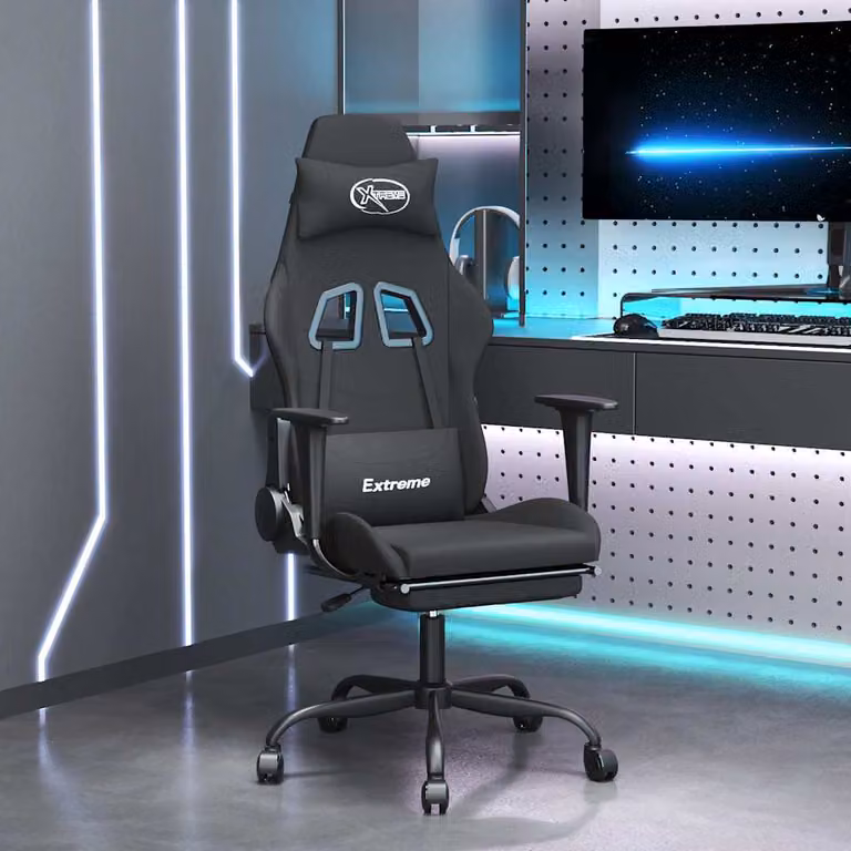 Sedia da Gaming vidaXL con Massaggio e Poggiapiedi, Rivestimento in Tessuto Nero, Ruote e Braccioli