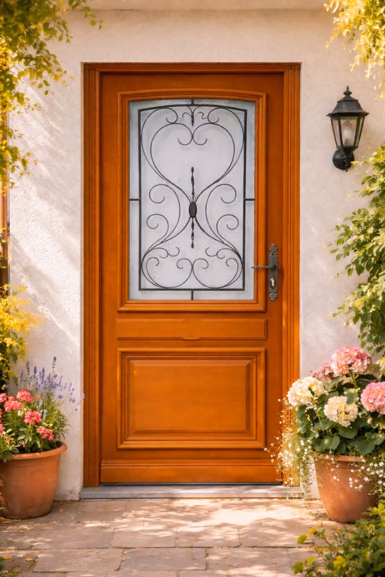 Porta d'ingresso in legno con vetro, Curcuma, H.215xL.90 cm, lato pannello a sinistra, maniglia, cilindro, pulsante, GD MENUISERIES
