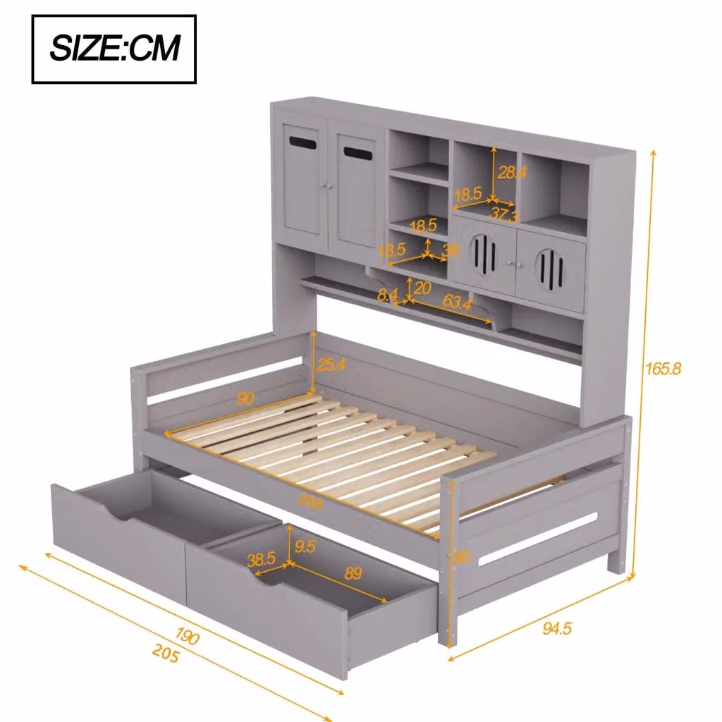 Letto con contenitore REDOM in legno grigio con 2 cassetti L/P/H: 205 x 90 x 66.8 cm – 2