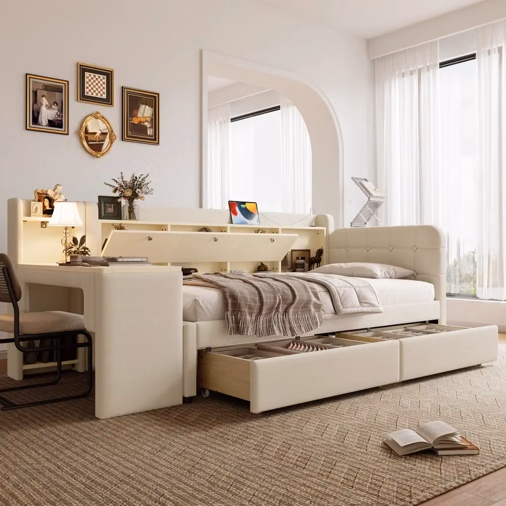 Letto divano singolo OKWISH in lino beige con 2 cassetti, scrivania e porte di ricarica USB e Tipo C, L/P: 90 x 200 cm – 2