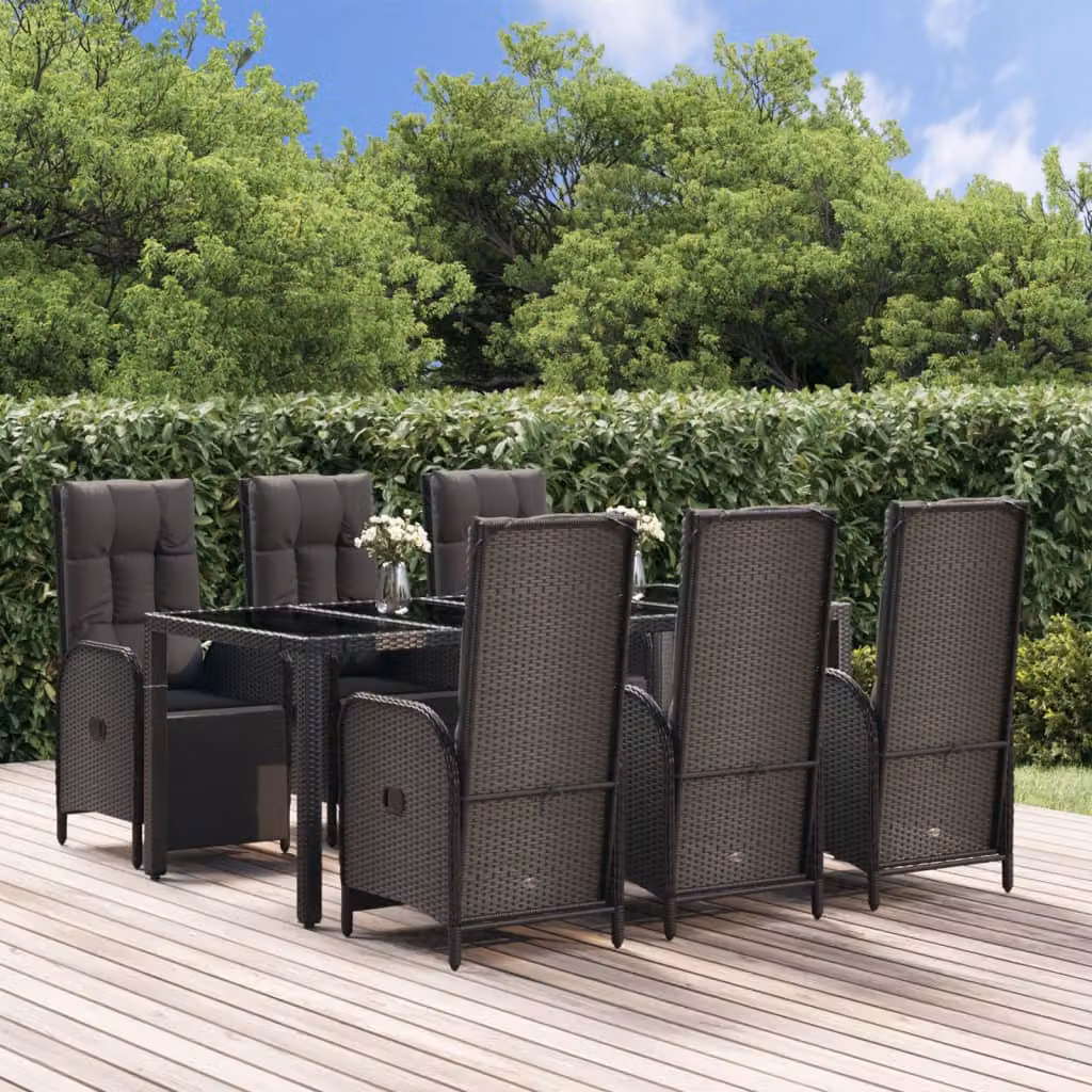 Set da Pranzo da Giardino vidaXL in Polyrattan e Metallo Nero con Cuscini e Tavolo in Vetro, 7 Pezzi