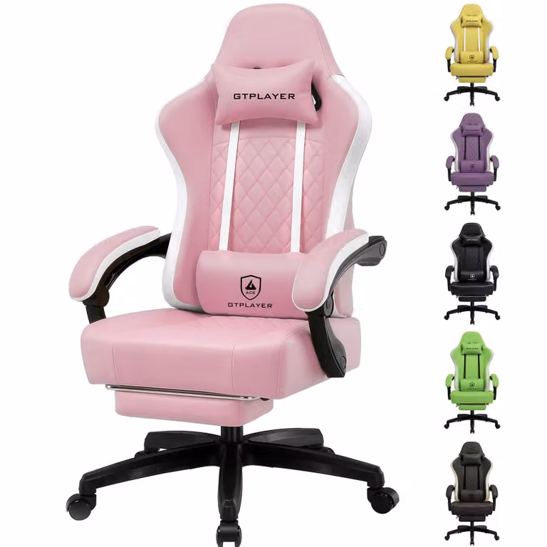 GTPLAYER: poltrona da gaming, poltrona ergonomica da gaming, sedia da scrivania in ecopelle, cuscino sedile a molle, braccioli collegati e poggiapiedi, portata 150 kg, ROSA
