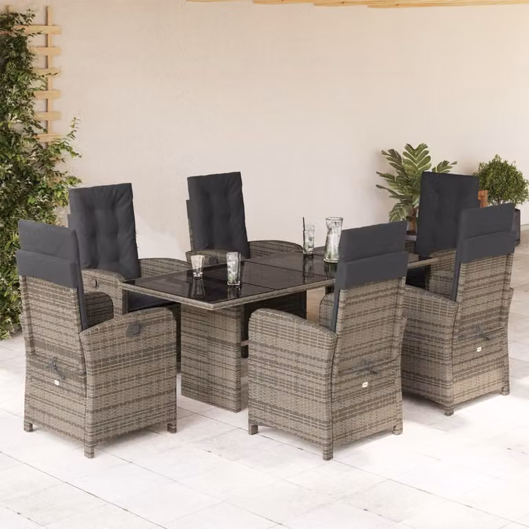 Set da pranzo da giardino vidaXL in polyrattan grigio con 7 pezzi e cuscini