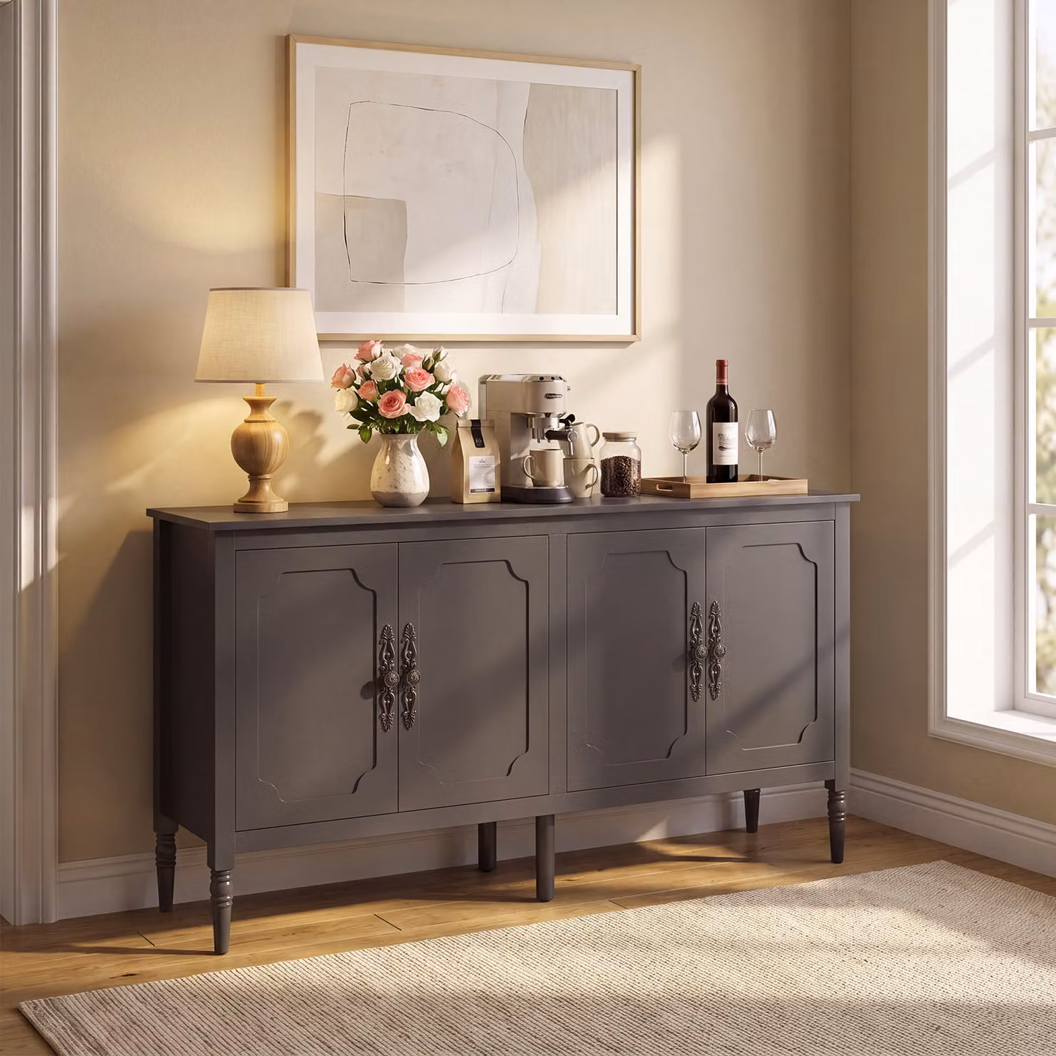 Costway Credenza da cucina a 4 ante con ripiani regolabili madia lunga porta, Mobile vintage in legno per salotto e ingresso Marrone