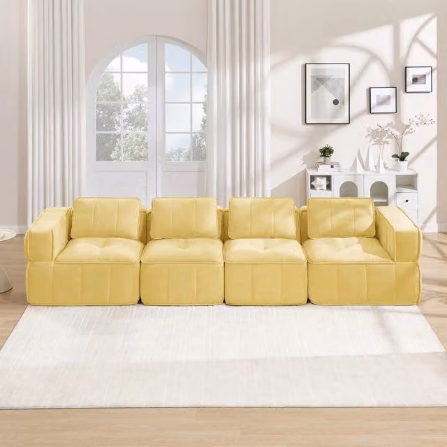 Divano 4 posti in tessuto giallo morbido ¨C Minimal ¨C senza montaggio, modulare