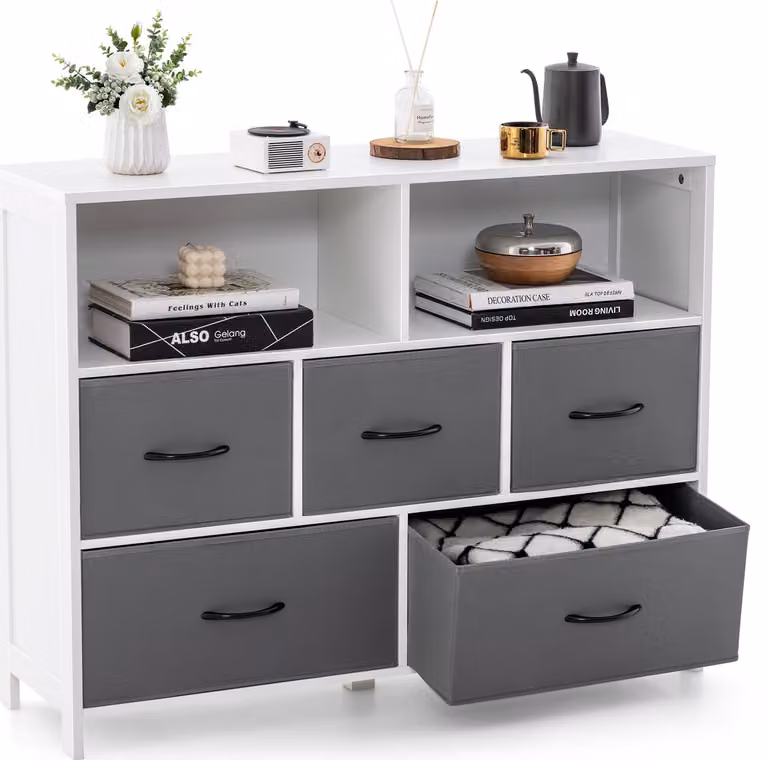 Cassettiera COSTWAY con 5 cassetti, mobile contenitore con ripiani aperti e cassetti in tessuto ripiegabili, credenza in legno per soggiorno, camera da letto e corridoio