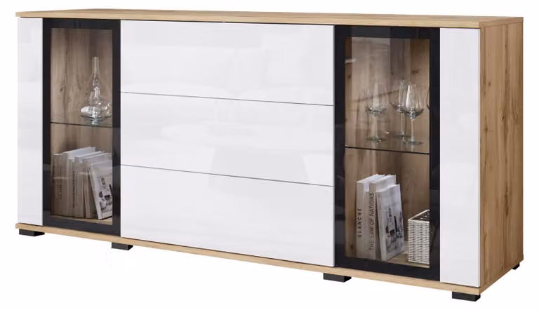 Comò da 150 cm, con vetrina e cassetti, finitura wotan/bianco lucido