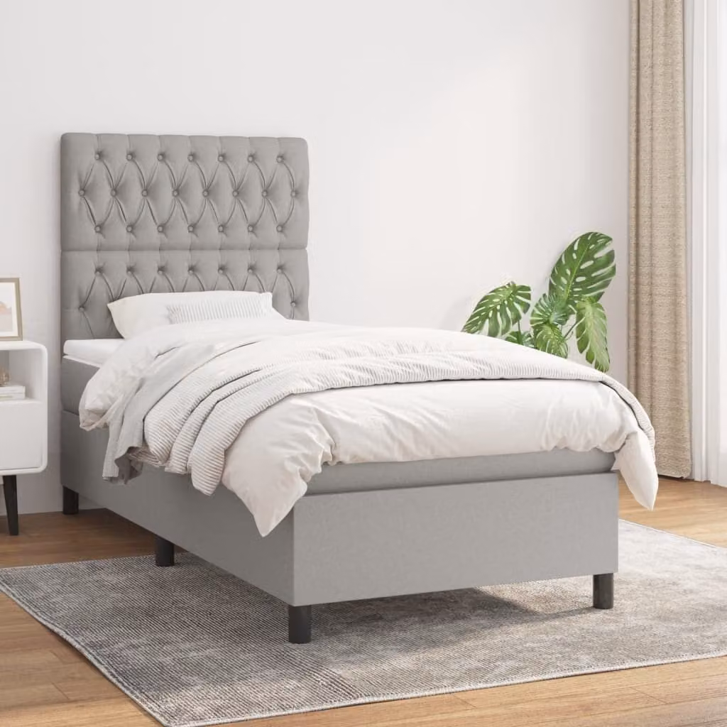 The Living Store Letto a molle con materasso grigio chiaro 90x190 cm in tessuto