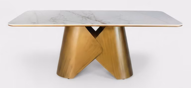 Tavolo da pranzo moderno, finitura oro e bianco, aspetto marmo, design elegante, nuovo