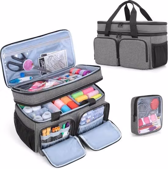 Organizzatore per cucito grande in poliestere con distributore rimovibile e 2 strati, Grigio e Trasparente, L/P/H: 38,0 x 24,0 x 17,0 cm