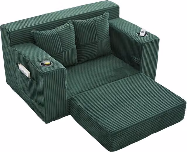 Divano letto doppio moderno in ciniglia con due cuscini e portabicchieri, pouf decorativo con vano laterale