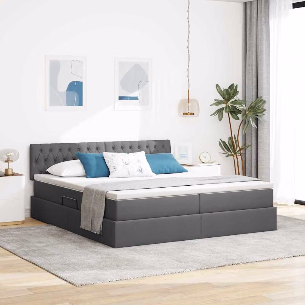 Letto moderno vidaXL con contenitore a sollevamento, illuminazione LED sottostante e porte di ricarica USB, rivestimento in tessuto grigio, L: 180 cm, P: 200 cm, H: 204 cm – 1