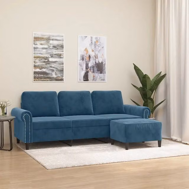 Divano a 3 posti con poggiapiedi blu in velluto vidaXL L: 212 cm, P: 80 cm, H: 77 cm – 1