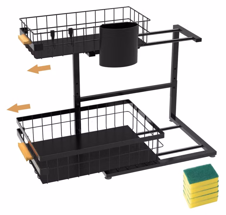 Organizzatore a 2 ripiani per mobiletti sottolavello - Scaffale estraibile - Organizzatore per armadietti in metallo - Ideale per sotto il lavello - Cucina/bagno - Salvaspazio - Contenitore