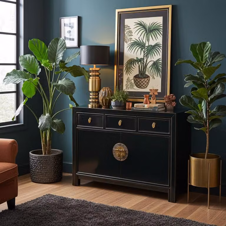 OPIUM OUTLET Cassettiera cinese Asia Credenza orientale Mobile asiatico vintage Credenza nuziale completamente assemblata nero
