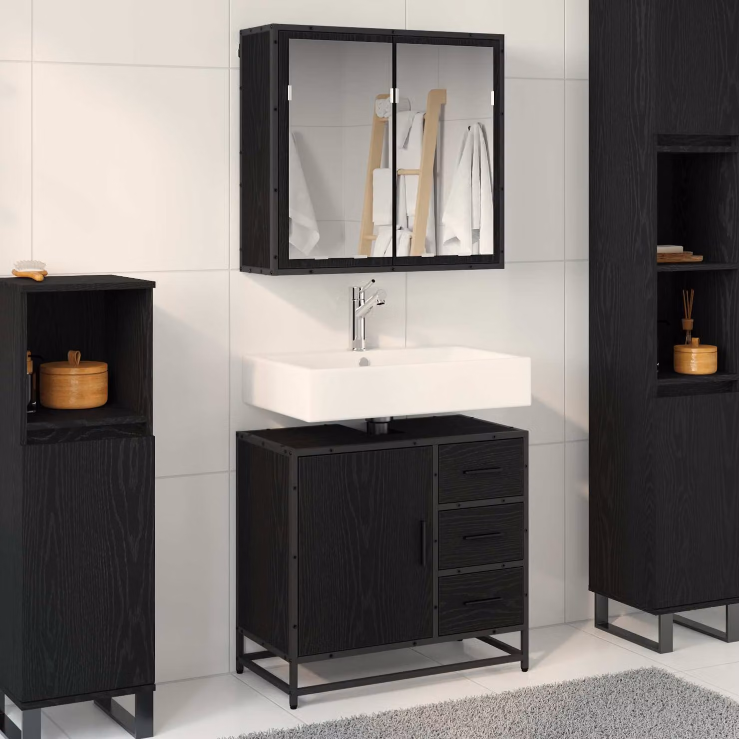 Set di mobili per il bagno vidaXL composto da mobile lavabo e armadietto con specchio, colore nero e rovere, L: 65 cm, P: 33 cm, H: 60 cm – 1