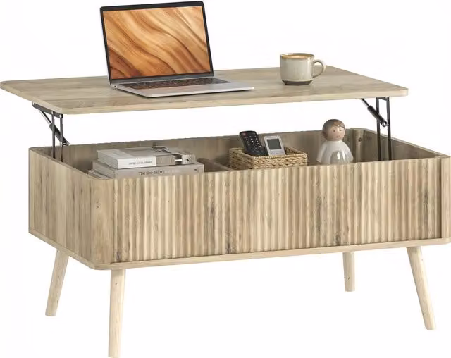Tavolino da salotto Minimal con ripiani nascosti e gambe in pino, effetto quercia, L: 91 cm, P: 56 cm, H: 43 cm
