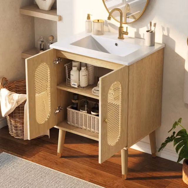 Mobile sottolavabo con lavabo in ceramica 2 ante in rattan ripiani fissi MDF effetto legno naturale 61 × 47 × 89 cm