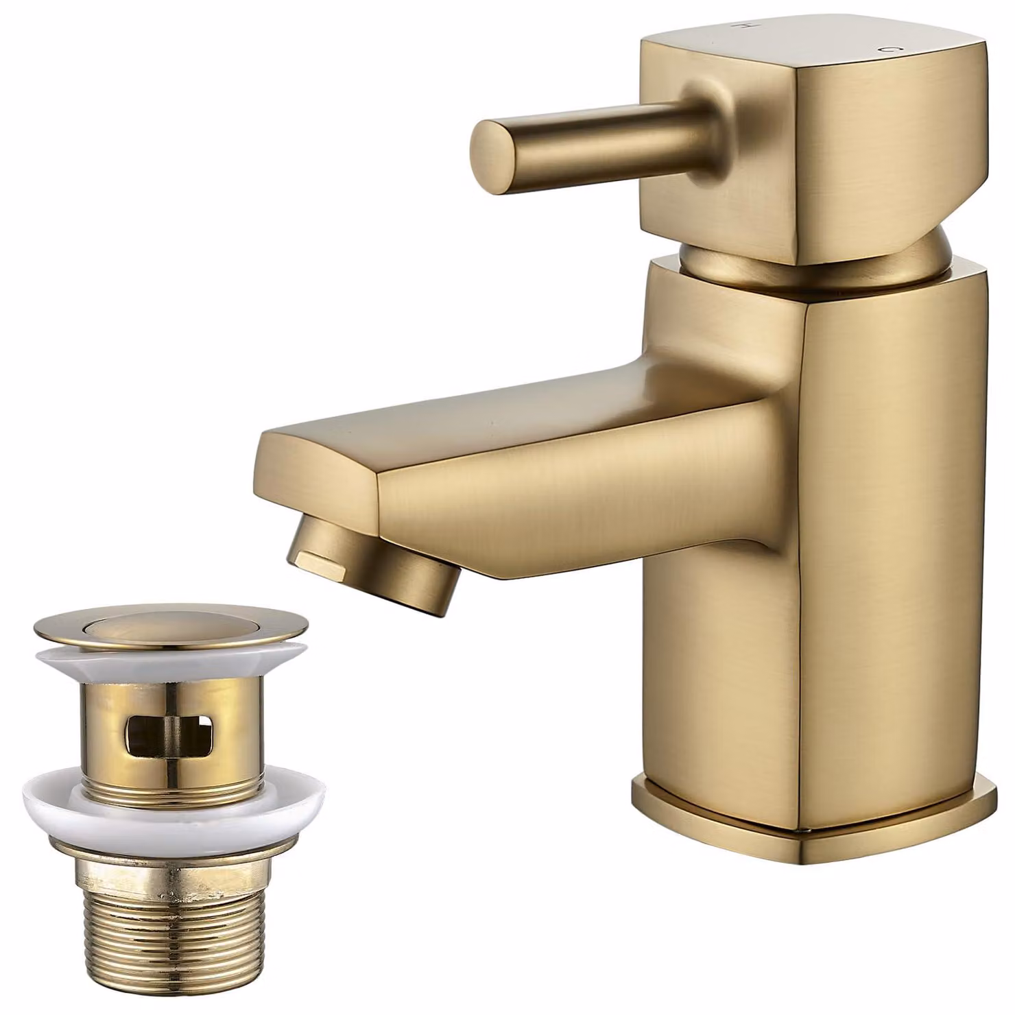 Miscelatore monocomando per lavabo, forma squadrata, finitura oro spazzolato, materiale: ottone