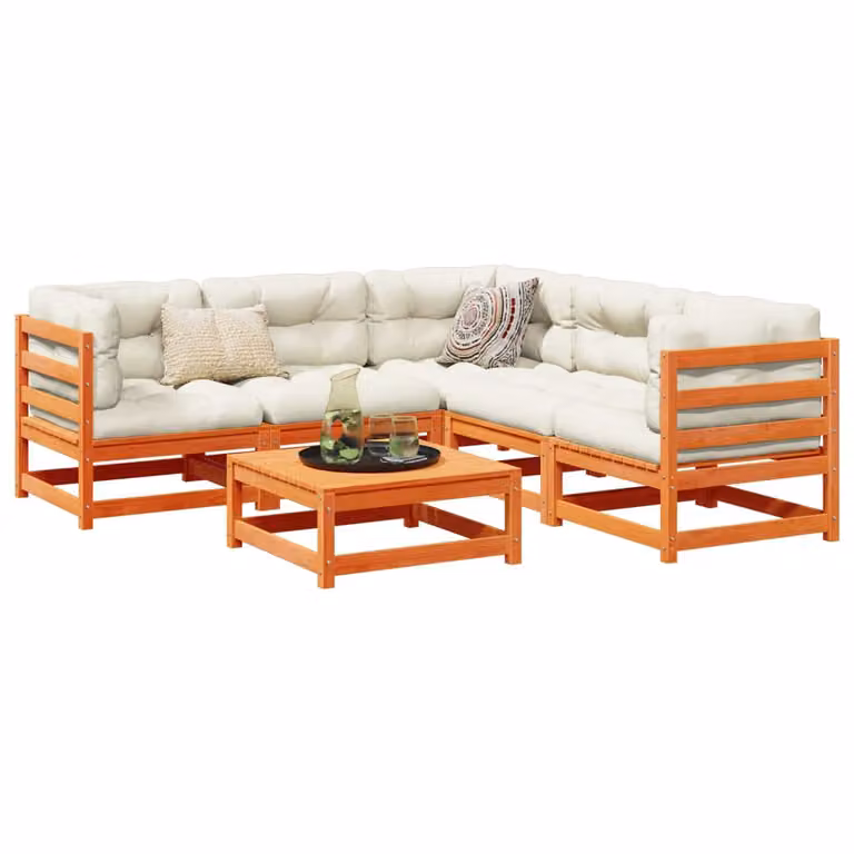 Set di divani da giardino vidaXL in legno massello di pino con cuscini, composizione a L marrone e beige, 6 pezzi