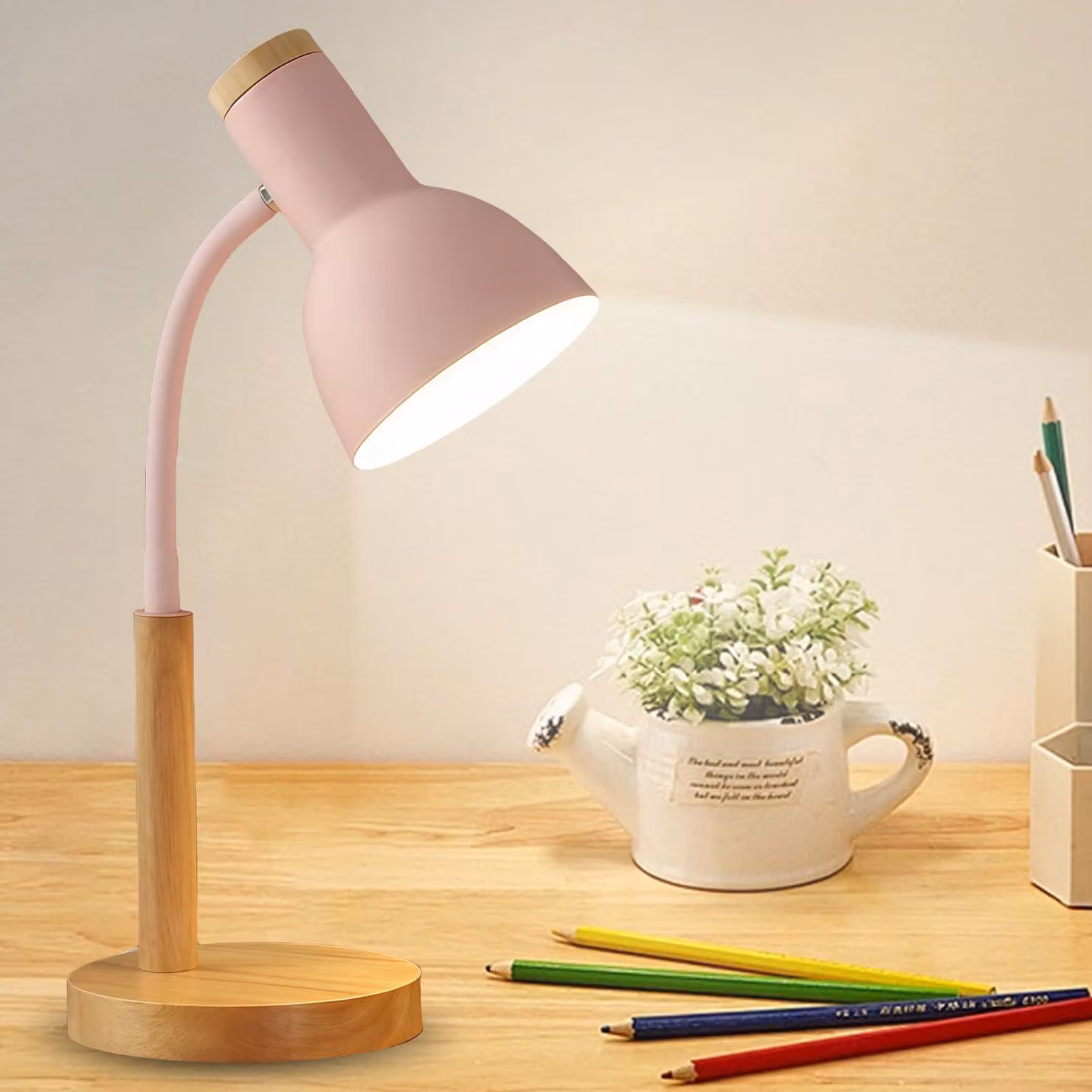 Lampada da scrivania per bambini, lampada da tavolo LED con attacco E27, braccio regolabile, lampada da comodino in metallo e legno, stile nordico, ideale per camera da letto, soggiorno o studio (rosa)